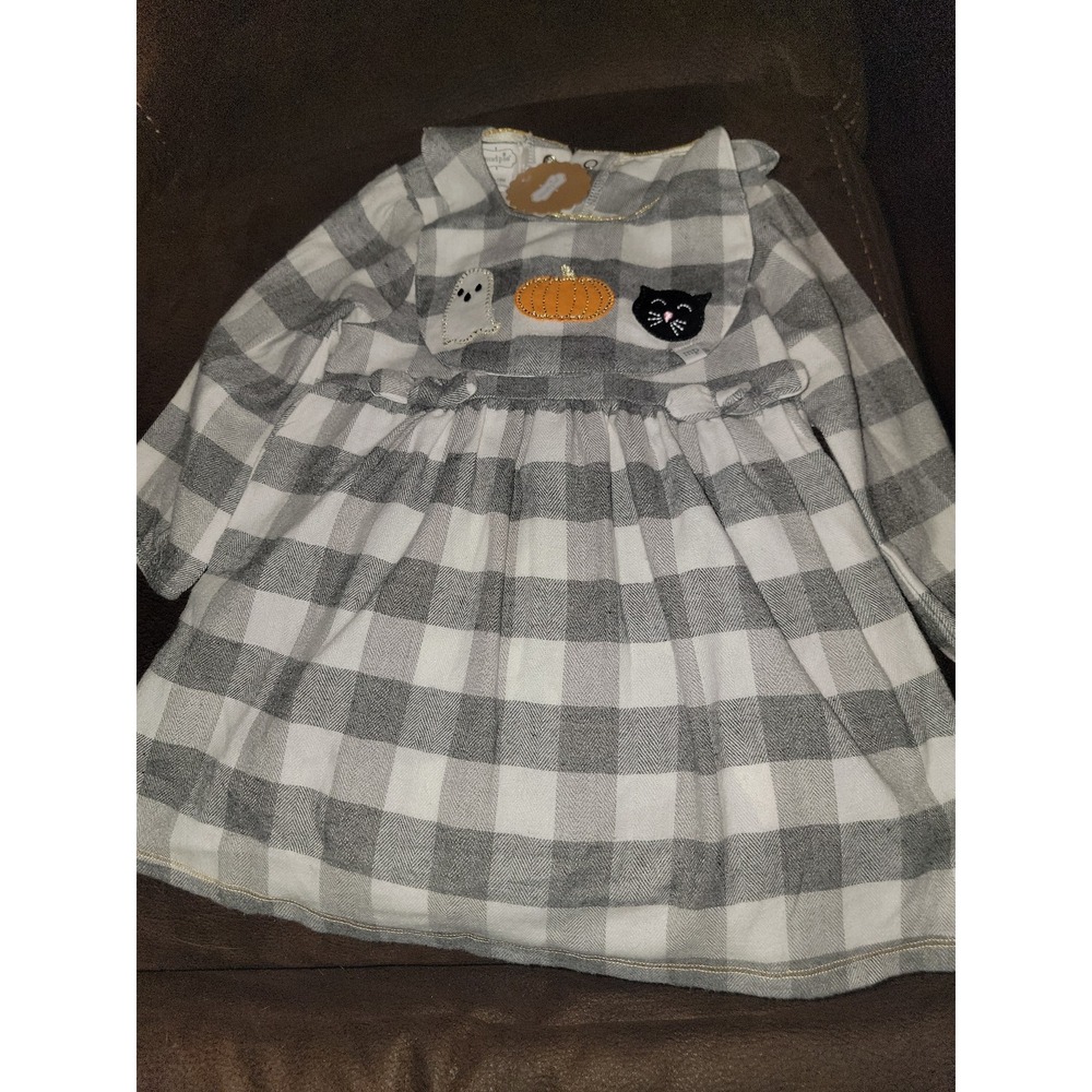 Mudpie grey plaid fall autumn Halloween pumpkin dress bib size 12 18 months nwt